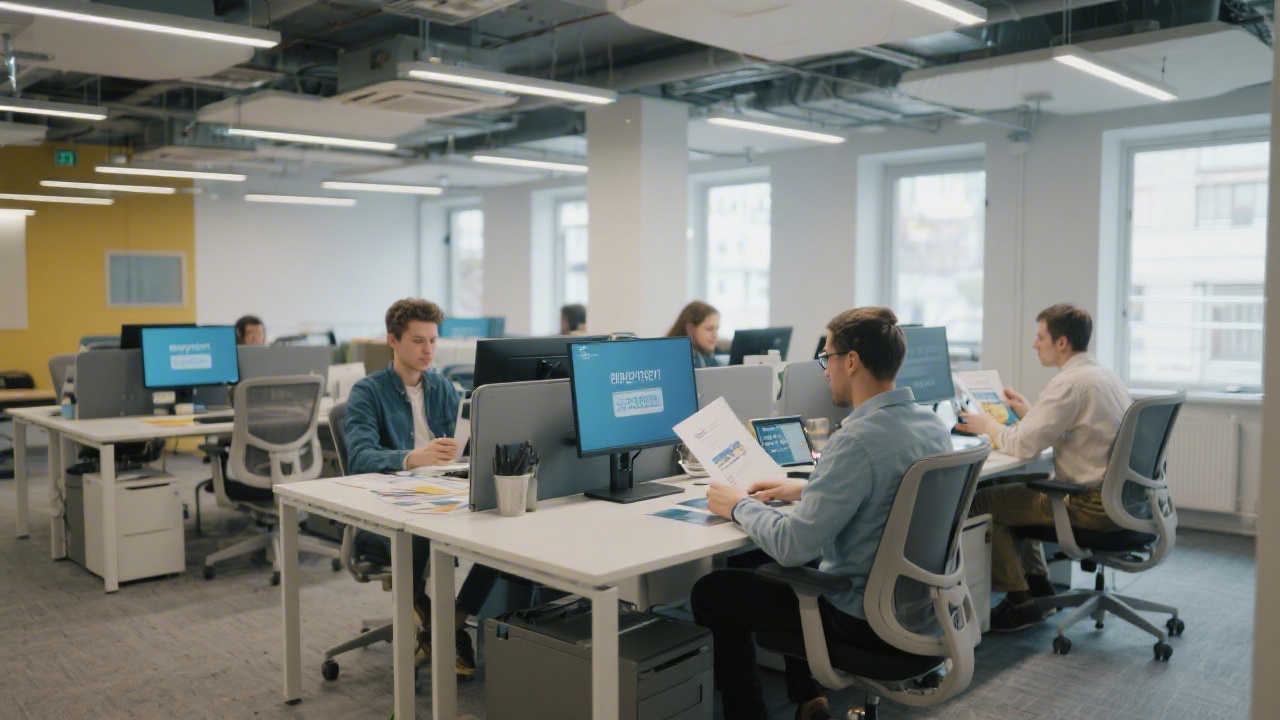Modern open office space with ergonomic desks, dual monitors, and a calm professional atmosphere, showing a team preparing marketing materials in a Brno tech hub