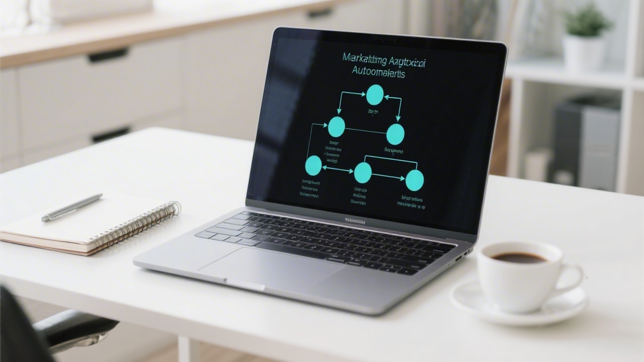 Laptop showing marketing automation flowchart with nodes and connections, professional workspace with notebook, coffee, and clean desk indicating structured planning