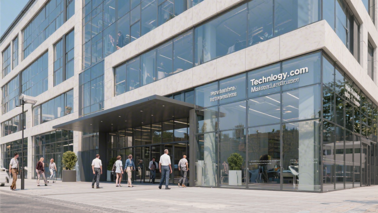 Exterior view of a modern office building in Brno with glass facade, people entering the lobby, and signage indicating technology companies inside