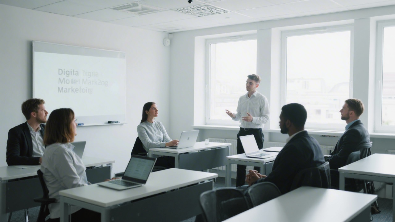 Training room with modern desks and laptops, small group of professionals listening to a digital marketing lecture, bright windows and minimalistic interior in Brno office