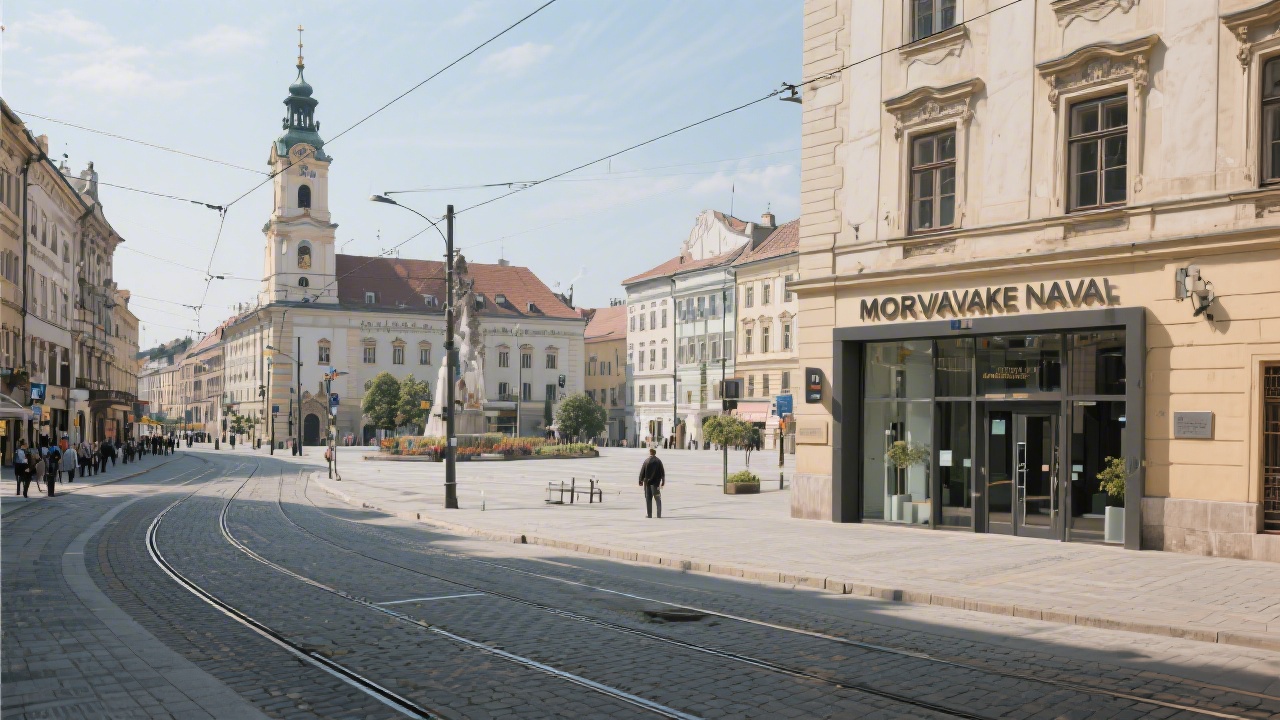 Street view of Moravske namesti in Brno with historic buildings, tram lines, and a modern office entrance, representing the location of the academy