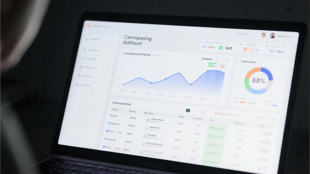 Close-up of a professional analytics dashboard on a laptop screen showing campaign performance, conversion rates, and segmented traffic sources with clear charts and tables