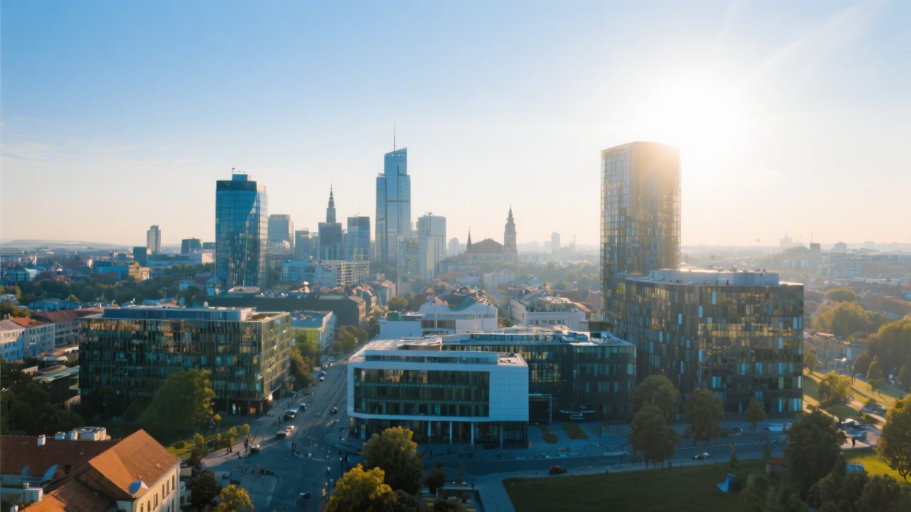Wide view of modern Brno skyline with contemporary office buildings and clear morning light, showing technology district atmosphere and city landmarks in the background