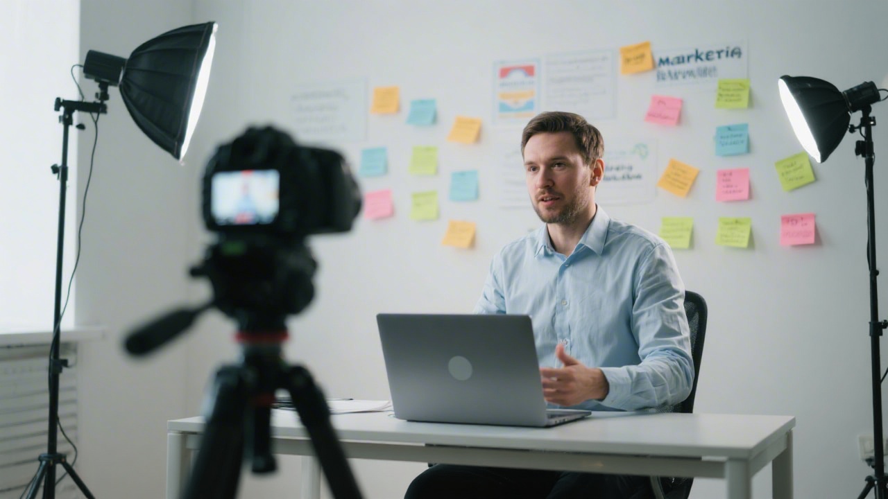Professional instructor recording a short video lesson in an office studio with a laptop, camera on tripod, soft lighting, and marketing notes on the wall