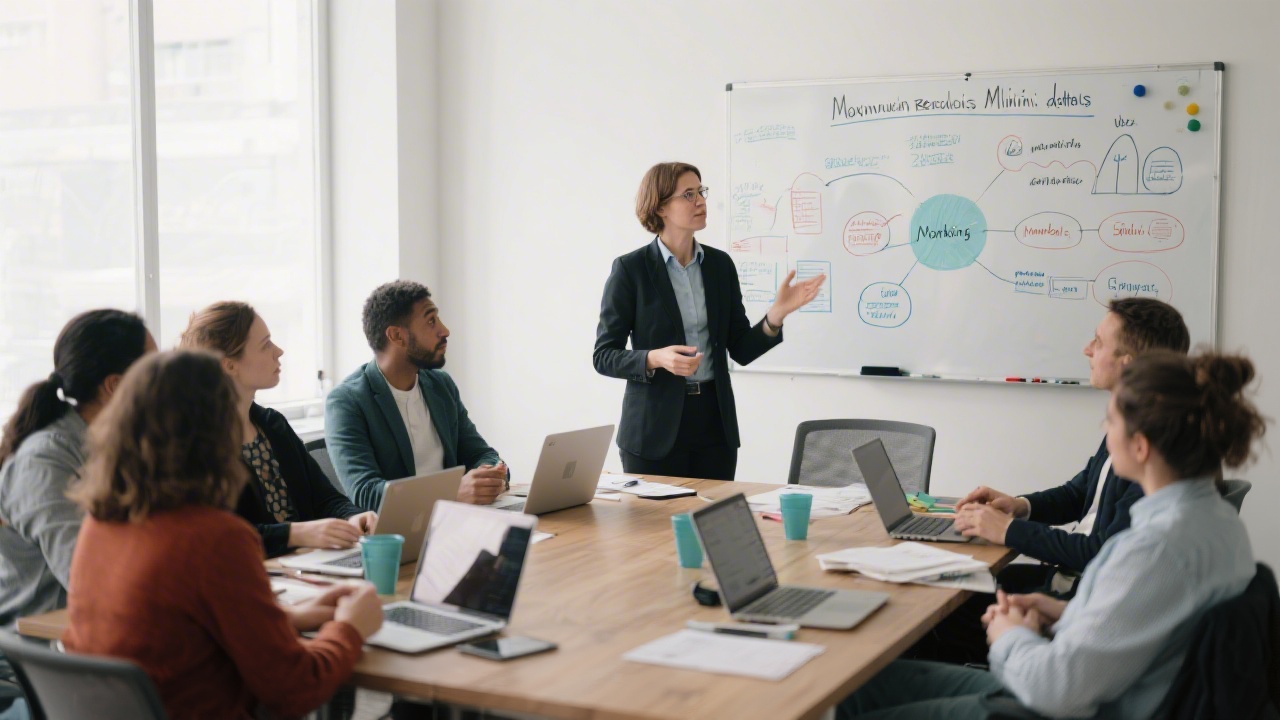 Group workshop session with participants collaborating around a table, laptops open, marketing diagrams on a whiteboard, and a facilitator guiding the discussion